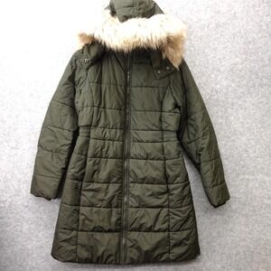 BANANA REPUBLIC Puffer Jacket Womens S Slim Green Parka Faux Fur Hoodie Olive